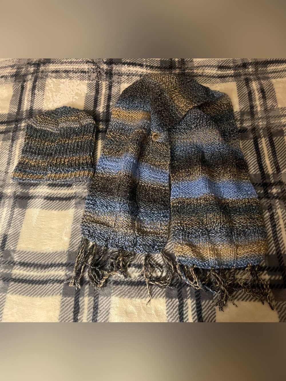 Cozy Striped Knit Scarf & Beanie Set - Blue, Gray, Brown